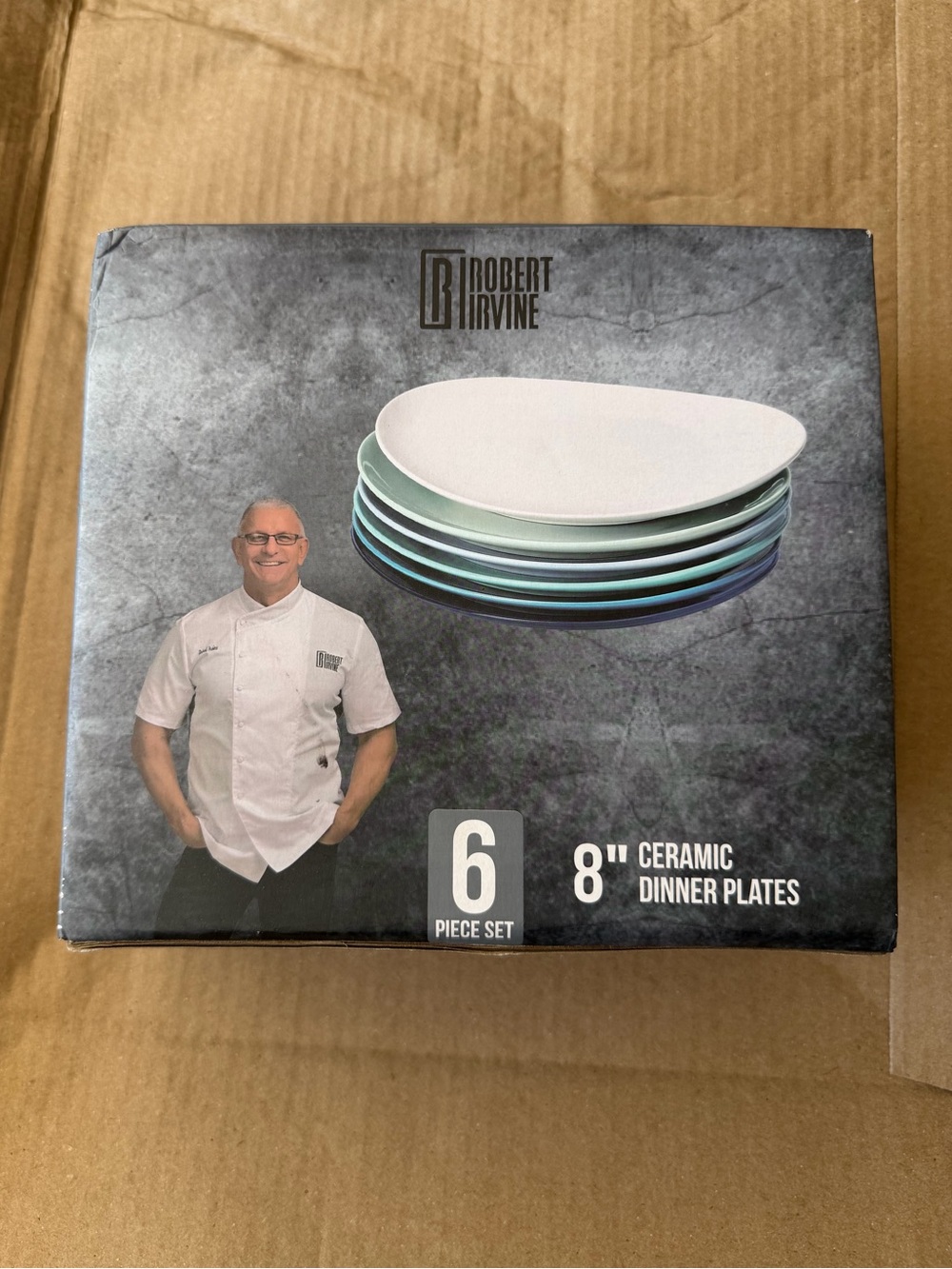 Robert Irvine 6-Piece 8" Ceramic Dinner Plates - Mixed Teal/Blue/White/Green